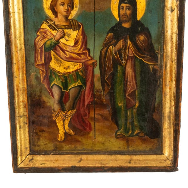 Antique Greek Orthodox Gilded Hand-Painted Egg Tempera Double Sided Icon, 1850 For Sale - Image 4 of 15