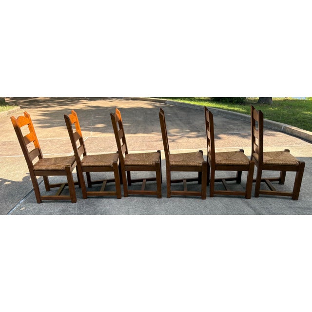 Vintage French Country Chunky Ladder Back Dining Chairs With Rush Seats - Set of 6 For Sale - Image 9 of 9