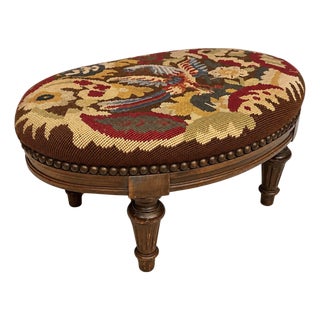 Antique Needlepoint Textile Upholstered Bird Firebird Footstool For Sale