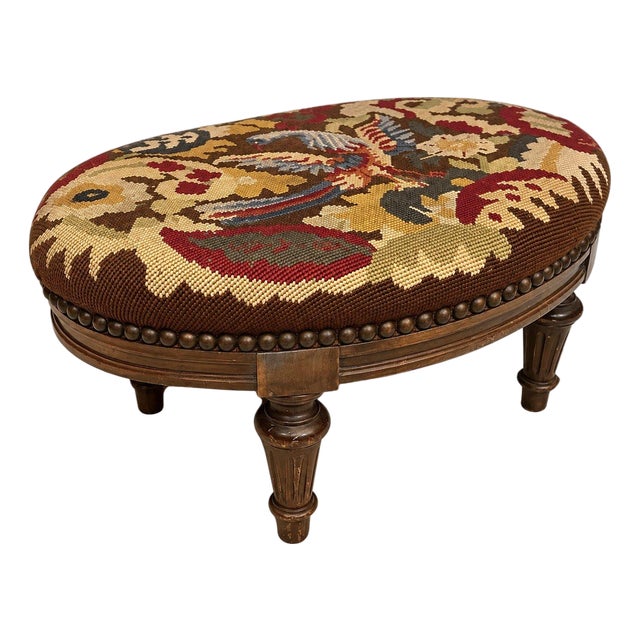 Antique Needlepoint Textile Upholstered Bird Firebird Footstool For Sale