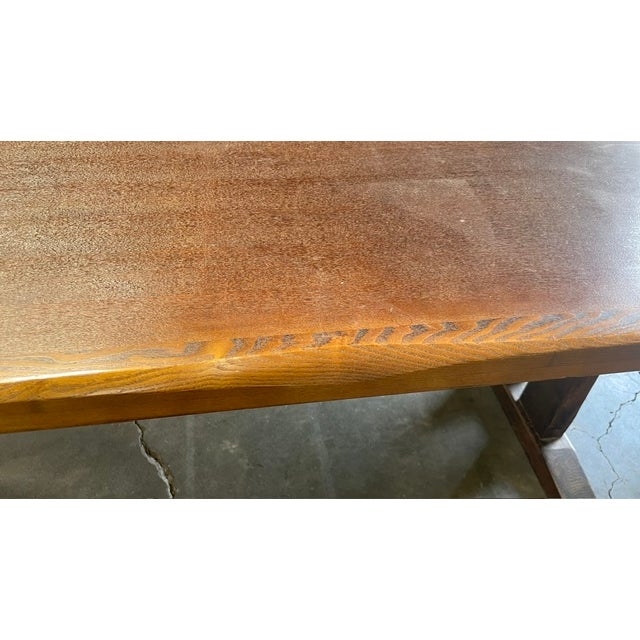 Rare 7-Piece Mid-Century Modern Japanese Dining Set With Tiger Oak Live-Edge Trestle Table & 6 Swivel Chairs For Sale In Los Angeles - Image 6 of 13