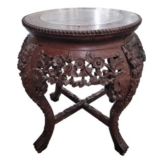 Carved Asian Plant Stand/Drinks Table W/Marble Top For Sale