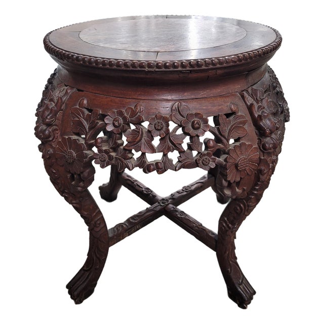 Carved Asian Plant Stand/Drinks Table W/Marble Top For Sale