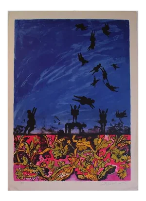Mid Century Modern colorful Lithograph titled La Liverte