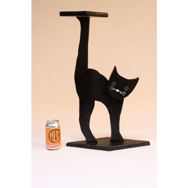 1930s Vintage Hand Carved and Painted Wooden Folk Art Black Cat Stand / Ashtray Stand For Sale - Image 5 of 12
