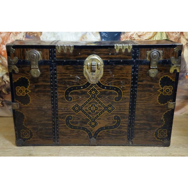 Napoleon III Faux Wood Metal Travel Trunk For Sale - Image 5 of 5