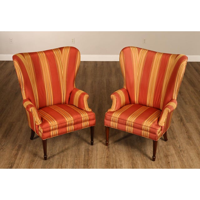 Traditional Custom Quality Pair Of Mahogany Fanback Wing Chairs For Sale - Image 3 of 18