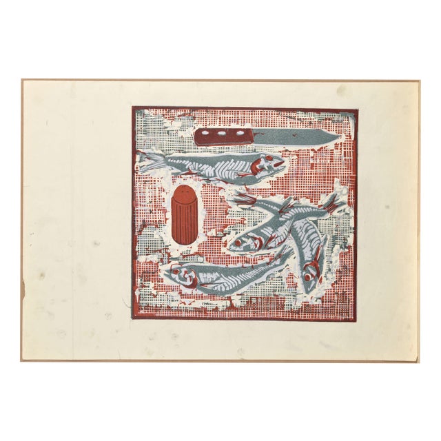 Albert Goltjakov, Still Life with Fish, 1960s, Monotype For Sale