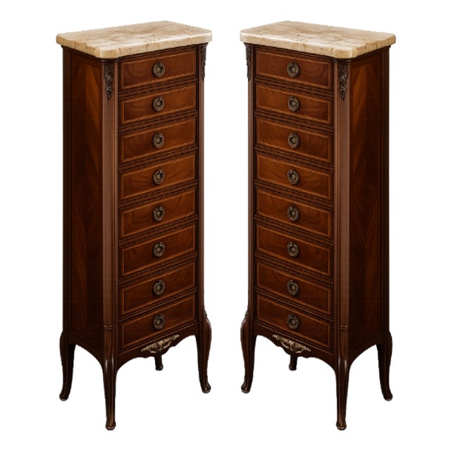 Late 20th Century Pair of Louis XV-Style Seven-Drawer Semainiers With Marble Tops For Sale