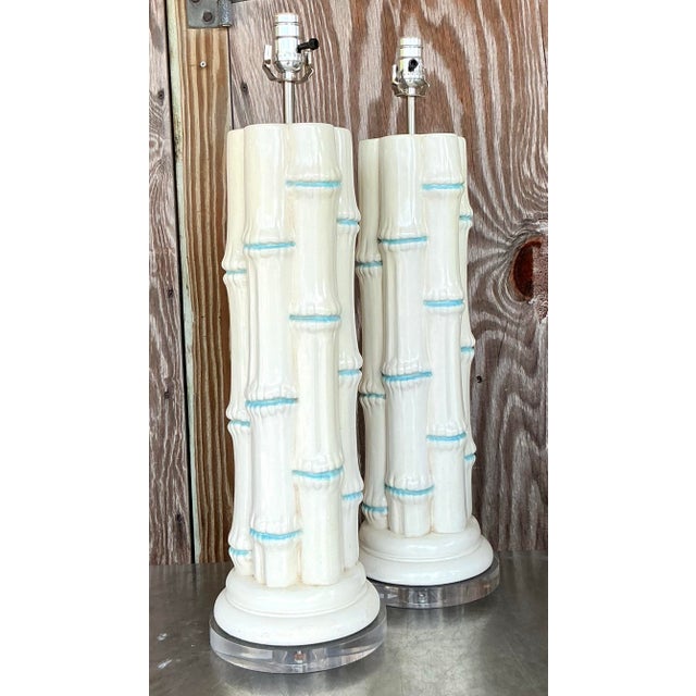 Vintage Coastal Glazed Ceramic Bamboo Lamps - a Pair For Sale - Image 4 of 7