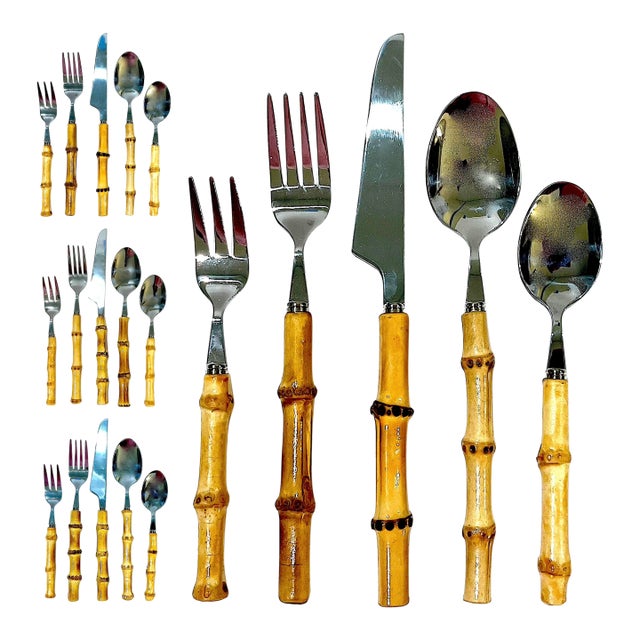 1990s Bamboo and Polished Stainless Steel Flatware - 20 Piece Set - Four 5 Place Settings For Sale