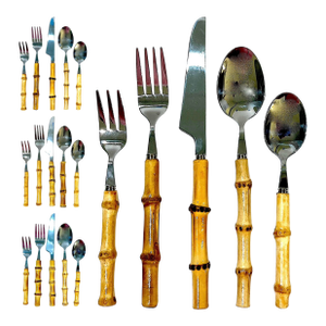 1990s Bamboo and Polished Stainless Steel Flatware - 20 Piece Set - Four 5 Place Settings