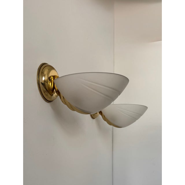 Metal Vintage Brass and Frosted Glass Wall Lights, Italy, 1970s, Set of 2 For Sale - Image 7 of 7