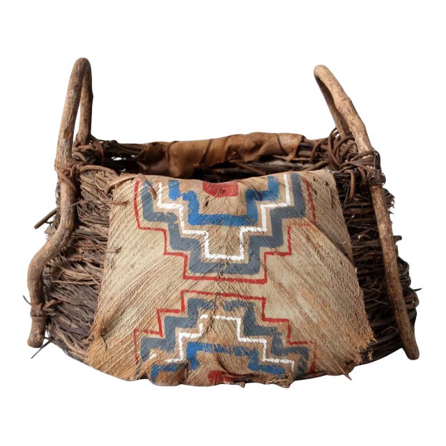 Antique Painted Bark Basket For Sale
