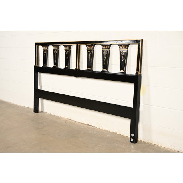 Mid-Century Modern John Widdicomb Mid-Century Hollywood Regency Black Lacquered and Gold Gilt King Size Headboard, Circa 1950s For Sale - Image 3 of 12