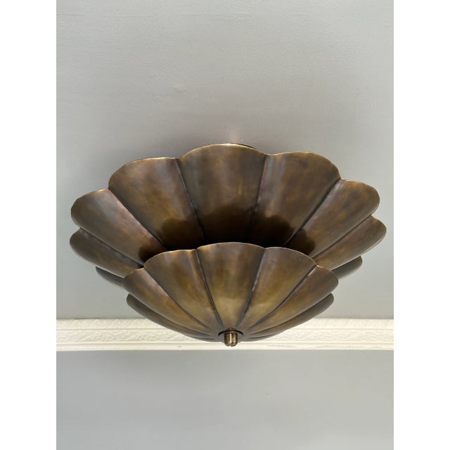 Mid-Century Modern Contemporary Vintage-Style Brass Ceiling Flush Mount Light – Flower Petal Design | Antique Finish Semi-Flush Fixture For Sale - Image 3 of 9