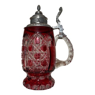 Tall Vintage Hand Cut to Clear Ruby Red Glass Pewter Czech Lidded Beer Stein Mug For Sale