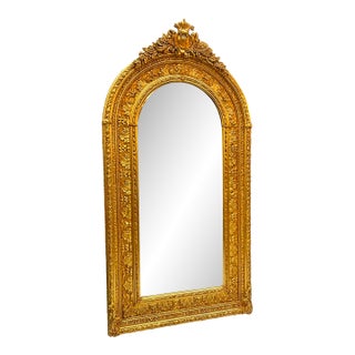 French Baroque Arched Mirror – Hand-Gilded Gold Leaf Frame With Ornate Carved Details For Sale
