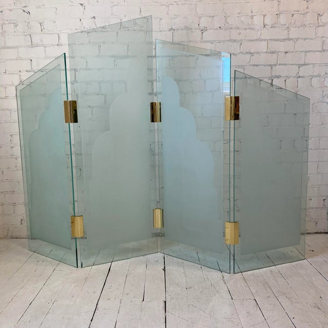 1970s Art Deco Style Glass Divider Sandblasted Glass With Brass Hardware For Sale - Image 9 of 9