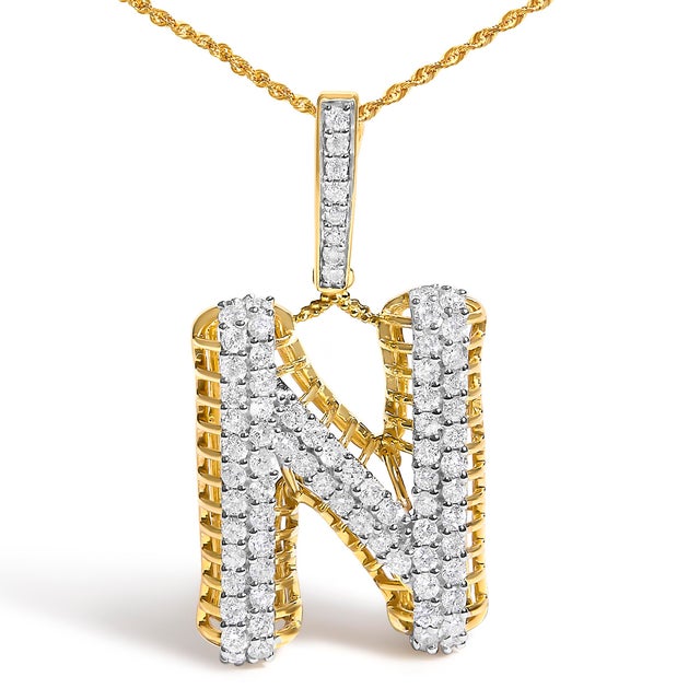 Contemporary Men's 10K Yellow Gold 1 1/2 Cttw Diamond Letter N Initial Pendant Necklace For Sale - Image 3 of 4