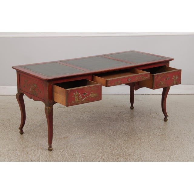 1950s Baker 3 Drawer Chinoiserie Style Leather Top Desk Bureau Plat For Sale - Image 5 of 17