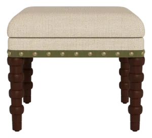 Bunny Williams Home Olive Tape Stool in Natural Performance Herringbone Chenille with Antique Brass Nailheads and Mahogany Legs