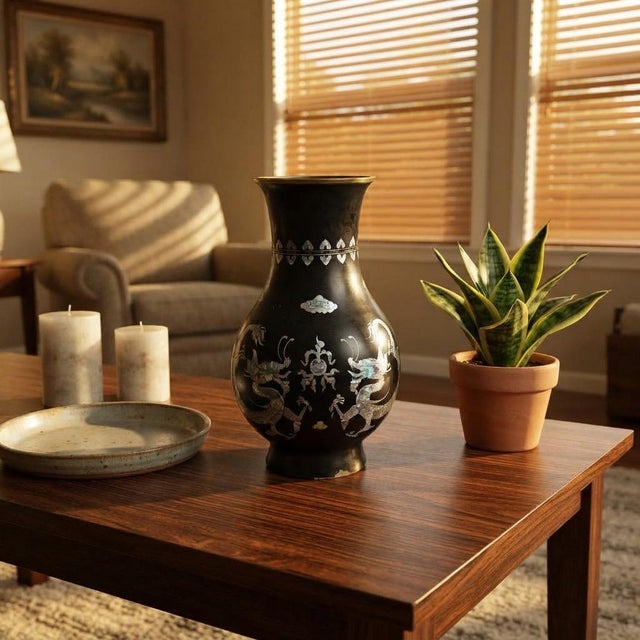 1970s Vintage Metal Black Paint Mother of Pearl Double Dragon Art Vase For Sale - Image 5 of 12
