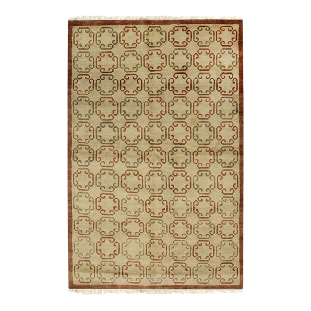 Beige Rust Geometric Lattice Hand-Knotted Wool Rug 6x9 For Sale