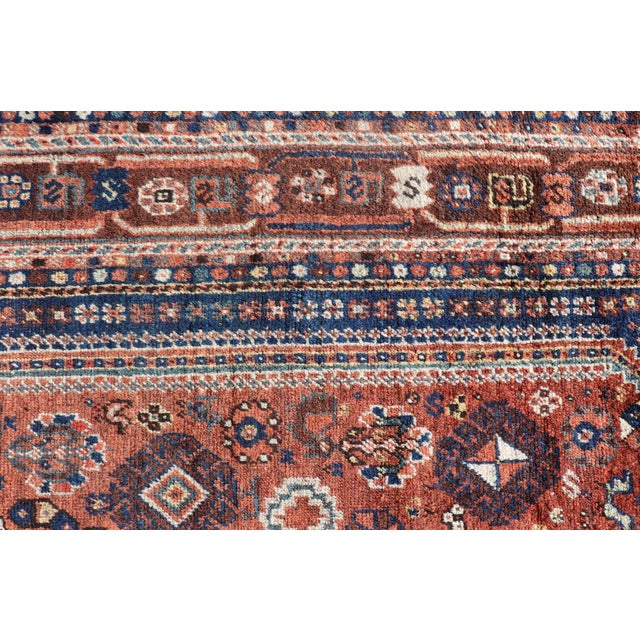Textile Antique Persian Shiraz Rug Tri-Medallion Geometrics in Rusty Orange and Blue** For Sale - Image 7 of 14