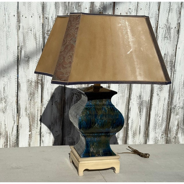 1940s Monumental Square Hollywood Regency Blue Multicolor Large Lamp Style After Fortuny & Parchment Shade For Sale - Image 9 of 18