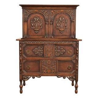 Berkey & Gay Style Antique English Jacobean Carved Walnut Highboy Dresser, Circa 1920s For Sale