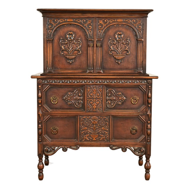 Berkey & Gay Style Antique English Jacobean Carved Walnut Highboy Dresser, Circa 1920s For Sale