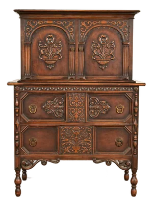 Berkey & Gay Style Antique English Jacobean Carved Walnut Highboy Dresser, Circa 1920s