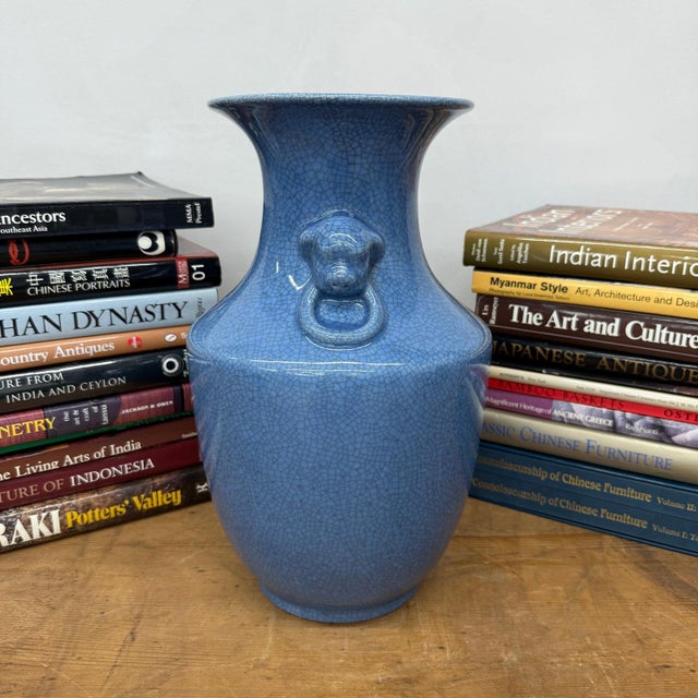 Rustic Blue Crackle Glazed Ceramic Vase with Foo Dog Handles For Sale - Image 3 of 10