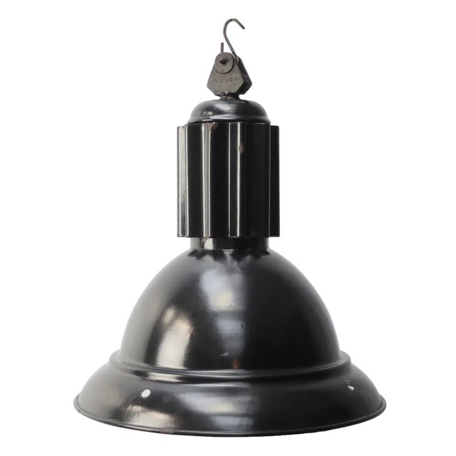 Vintage French Industrial Black Enamel Factory Pendant Lamp For Sale