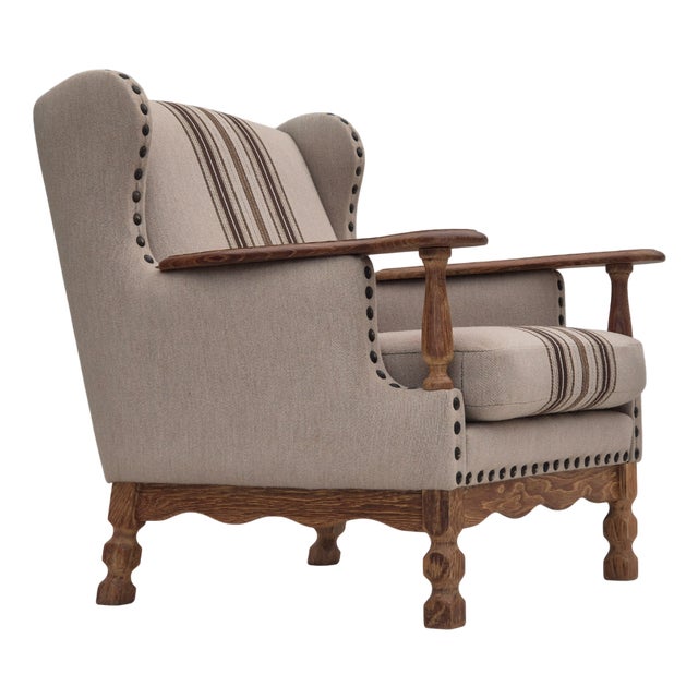 Danish Armchair in Furniture Wool Fabric & Oak Wood, 1970s For Sale