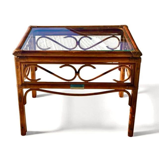 Vintage French Country Bamboo Rattan Brass Accents End Tables Side Tables W Glass Top For Sale - Image 10 of 17