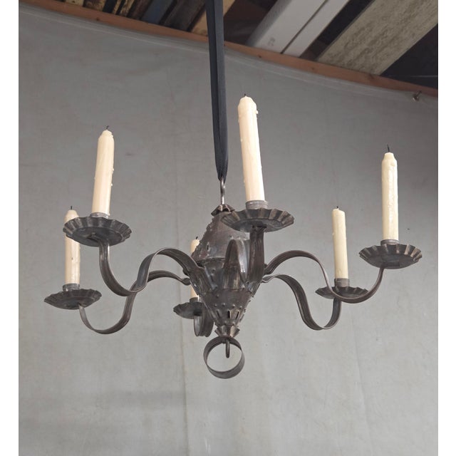 Gray Antique Punched Tin Six-Arm Candle Chandelier, New Mexico, Spanish Colonial Style For Sale - Image 8 of 16