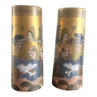 Set of 2 Satsuma Vases 1000 Faces Marked- Shimazu Clan, Antique 19th Century For Sale