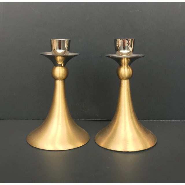Brass Mid-Century Brushed Brass and Silver Candle Holders - a Pair For Sale - Image 8 of 8