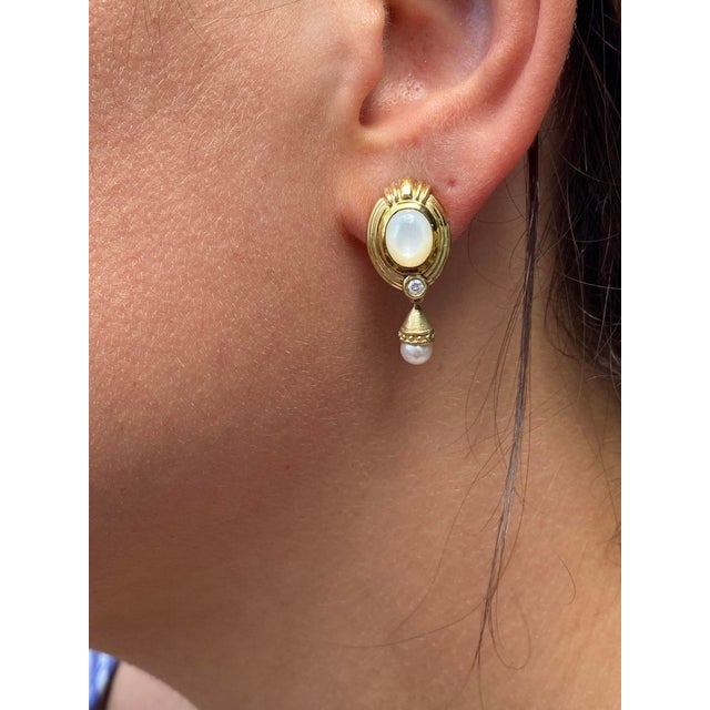 Gold The Gretnas: Ladies Vintage 14K Day and Night Mother of Pearl Dangler Earrings, 2 Pieces For Sale - Image 8 of 9