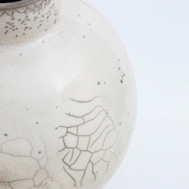 Japanese Modern Minimalist Dome L Vase Raku Ceramic White Crakle For Sale - Image 4 of 7