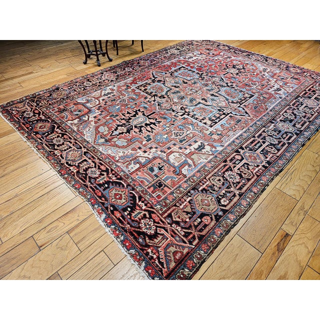 Persian Vintage Heriz Serapi Rug, Hand-Knotted Wool, Geometric Medallion Pattern, Brick-Red & Blue, 9x12 For Sale - Image 3 of 15