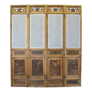 Antique Chinese Chinoiserie 4-Panel Carved Elm Room Divider Privacy Screen