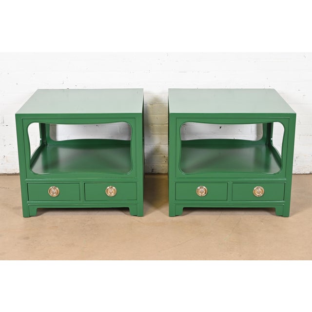 An exceptional pair of mid-century modern Hollywood Regency Chinoiserie nightstands or side tables By Michael Taylor for...