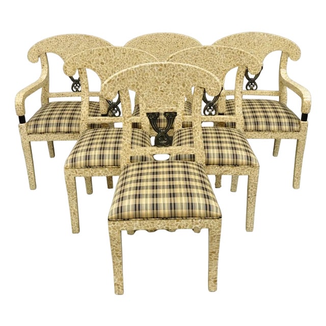 Late 20th Century Enrique Garcel Tessellated Stone Inlay Regency Style Dining Chairs - Set of 6 For Sale