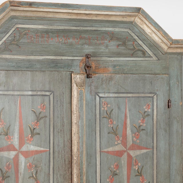 Original Blue Painted Pine Two Door Armoire Dated 1810 For Sale - Image 4 of 11