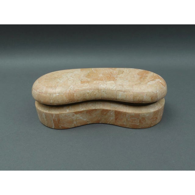 Kinder-Harris Dara 1980s Pink Tessellated Marble Stone Brass Kidney Shaped Box (Read) Measures approximately 10 1/4" long,...