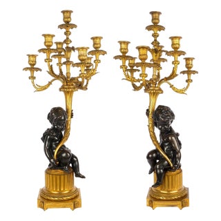 Pair of French Bronze Seven-Light Candelabra Lamps Ca. 1880 For Sale