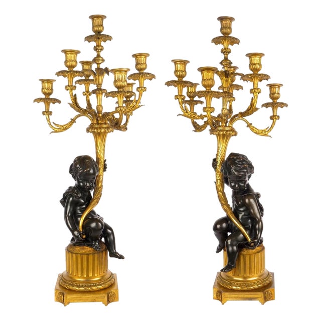 Pair of French Bronze Seven-Light Candelabra Lamps Ca. 1880 For Sale